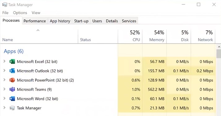 Task Manager showing Office apps as 32-bit