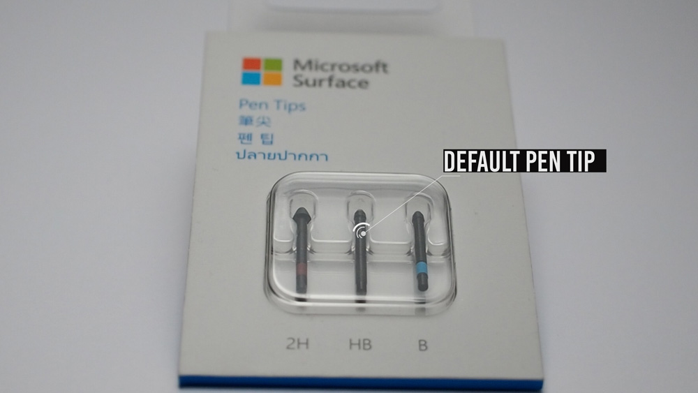 A pack of three Microsoft Surface pen tips. 2H, HB and B.