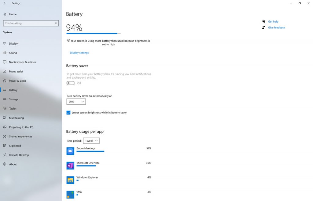 Battery settings page