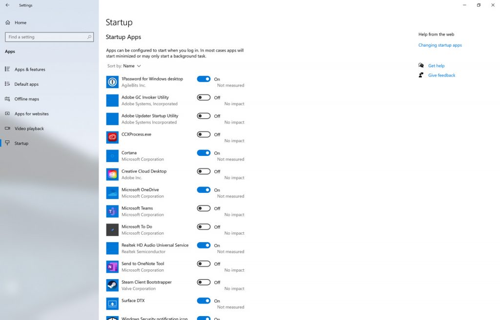 Startup apps Settings app