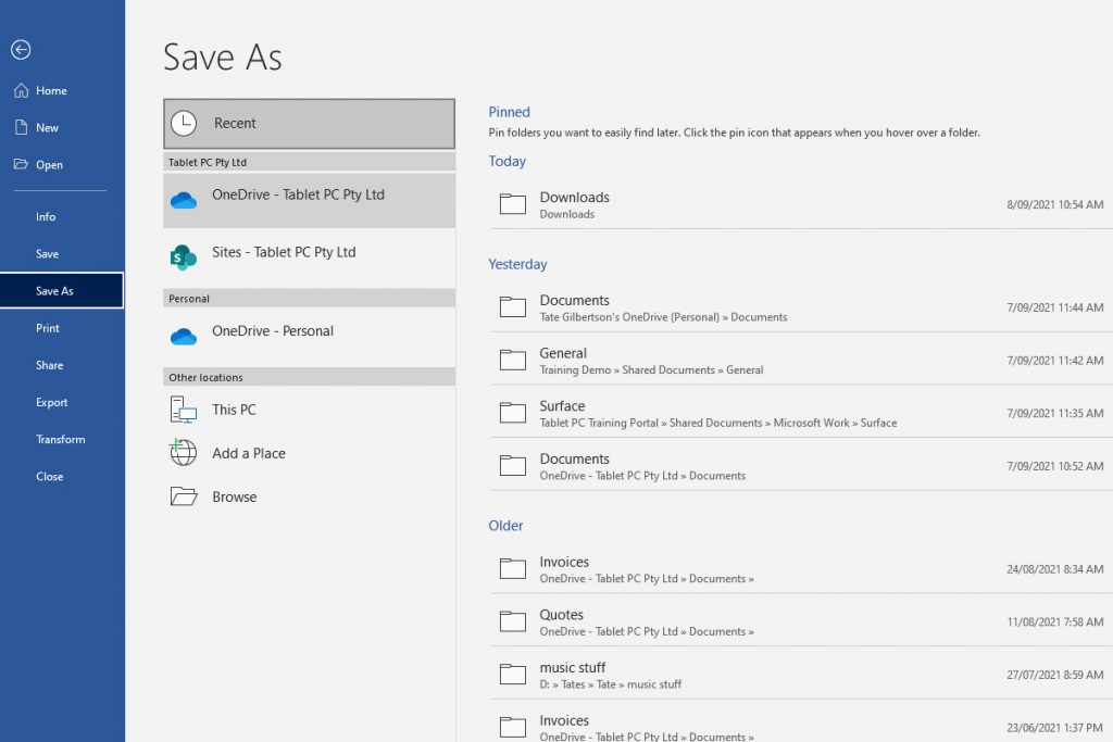 Saving a Document in OneDrive or SharePoint